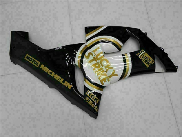 2005-2006 Kawasaki ZX6R Motorcycle Fairings - Glossy Black White Gold Lucky Strike Canada