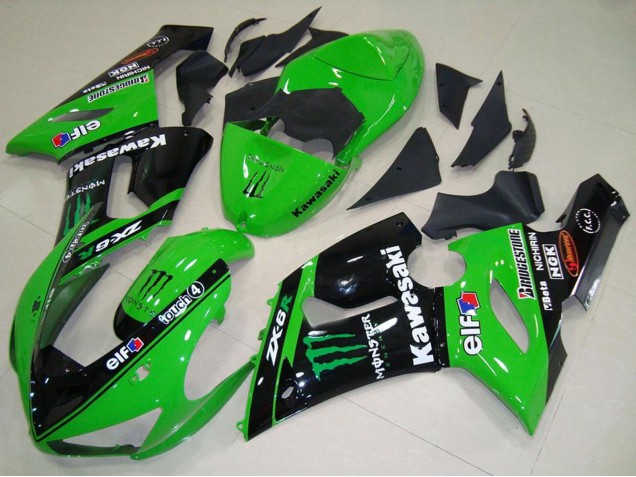 2005-2006 Kawasaki ZX6R Motorcycle Fairings - Green Glossy Black Elf Monster Canada