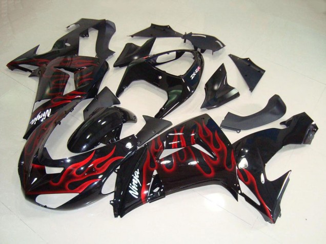 2006-2007 Kawasaki ZX10R Motorcycle Fairings - Glossy Black Red Flame Canada
