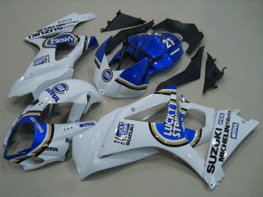 2007-2008 Suzuki GSXR 1000 Motorcycle Fairings - White Blue Lucky Strike Canada