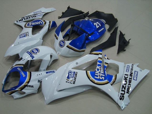 2007-2008 Suzuki GSXR 1000 Motorcycle Fairings - White Blue Lucky Strike Canada