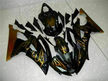 2008-2016 Yamaha YZF R6 Motorcycle Fairings - Glossy Black Gold Flame Canada