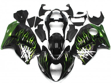 1996-2007 Suzuki GSXR 1300 Motorcycle Fairings - Glossy Black with Deep Green Flame Canada
