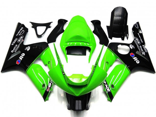 2003-2004 Kawasaki ZX6R Motorcycle Fairings - Green Glossy Black Elf Silkolene Canada