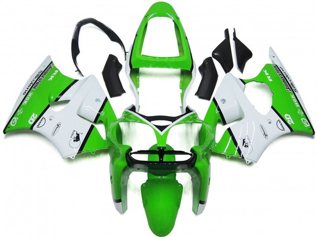 2000-2002 Kawasaki ZX6R Motorcycle Fairings - White Green Black Bridgestone Silkolene Canada