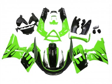 1993-2007 Kawasaki ZZR400 Motorcycle Fairings - Green Glossy Black Flame Canada