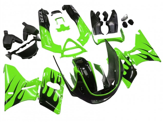 1998-2003 Kawasaki ZZR600 Motorcycle Fairings - Green Glossy Black Flame Canada