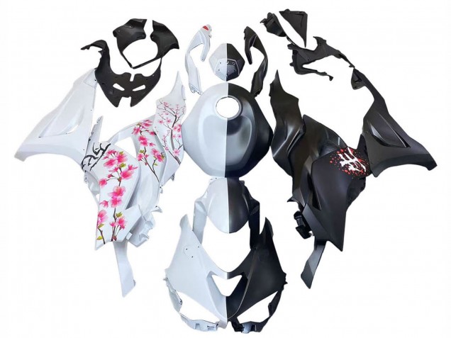 2023-2025 Kawasaki ZX6R Motorcycle Fairings - Black White with Flower Canada