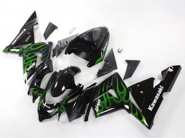 2004-2005 Kawasaki ZX10R Motorcycle Fairings - Black with Green Flame Ninja Canada