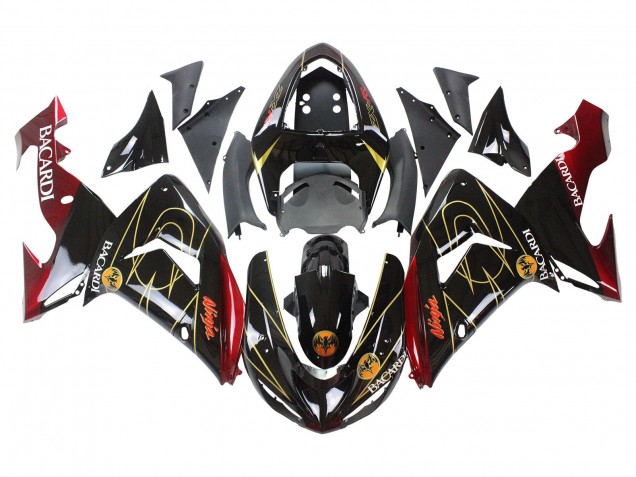 2006-2007 Kawasaki ZX10R Motorcycle Fairings - Black Red Gold BACARDI Canada
