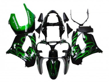 2000-2001 Kawasaki ZX9R Motorcycle Fairings - Glossy Black Green Flame White Canada