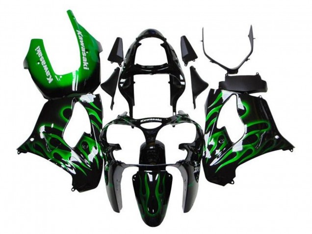 2000-2001 Kawasaki ZX9R Motorcycle Fairings - Glossy Black Green Flame White Canada