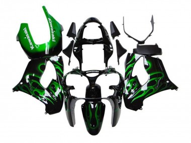 2002-2003 Kawasaki ZX9R Motorcycle Fairings - Black White with Green Flame Canada
