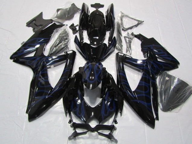 2008-2010 Suzuki GSXR 600 Motorcycle Fairings - Glossy Black Blue Flame Canada