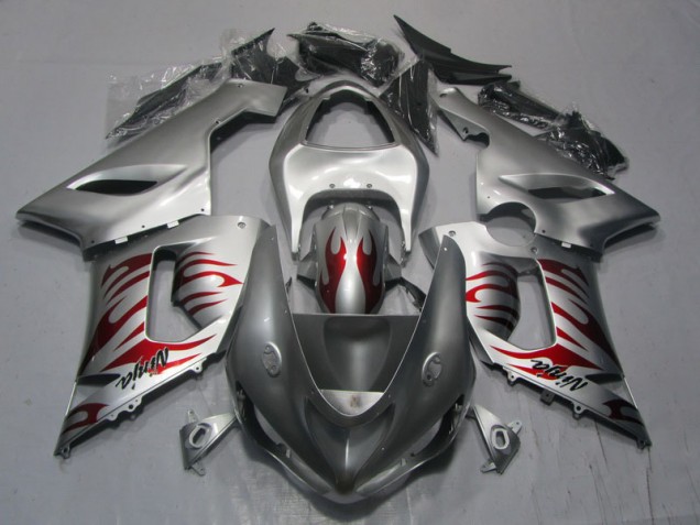 Cheap 2005-2006 Silver Red Flame Ninja Kawasaki ZX6R Motorcycle Replacement Fairings Canada Cheap 2005-2006 Silver Red Flame Ninja Kawasaki ZX6R Motorcycle Replacement Fairings Canada